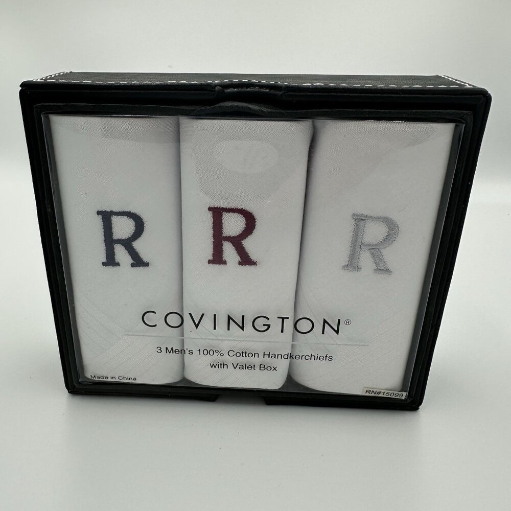 Men’s Set of 3 Covington Cotton Handkerchiefs Monogram R, Valet Box, White, NWOT